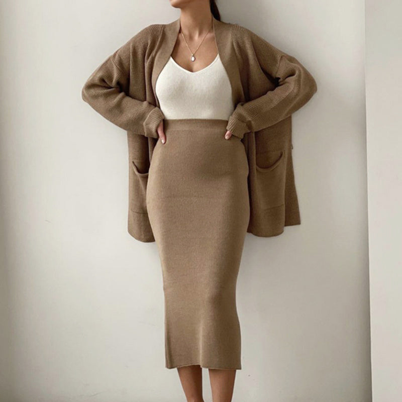 Ailany - Women's Knit Cardigan Skirt Set