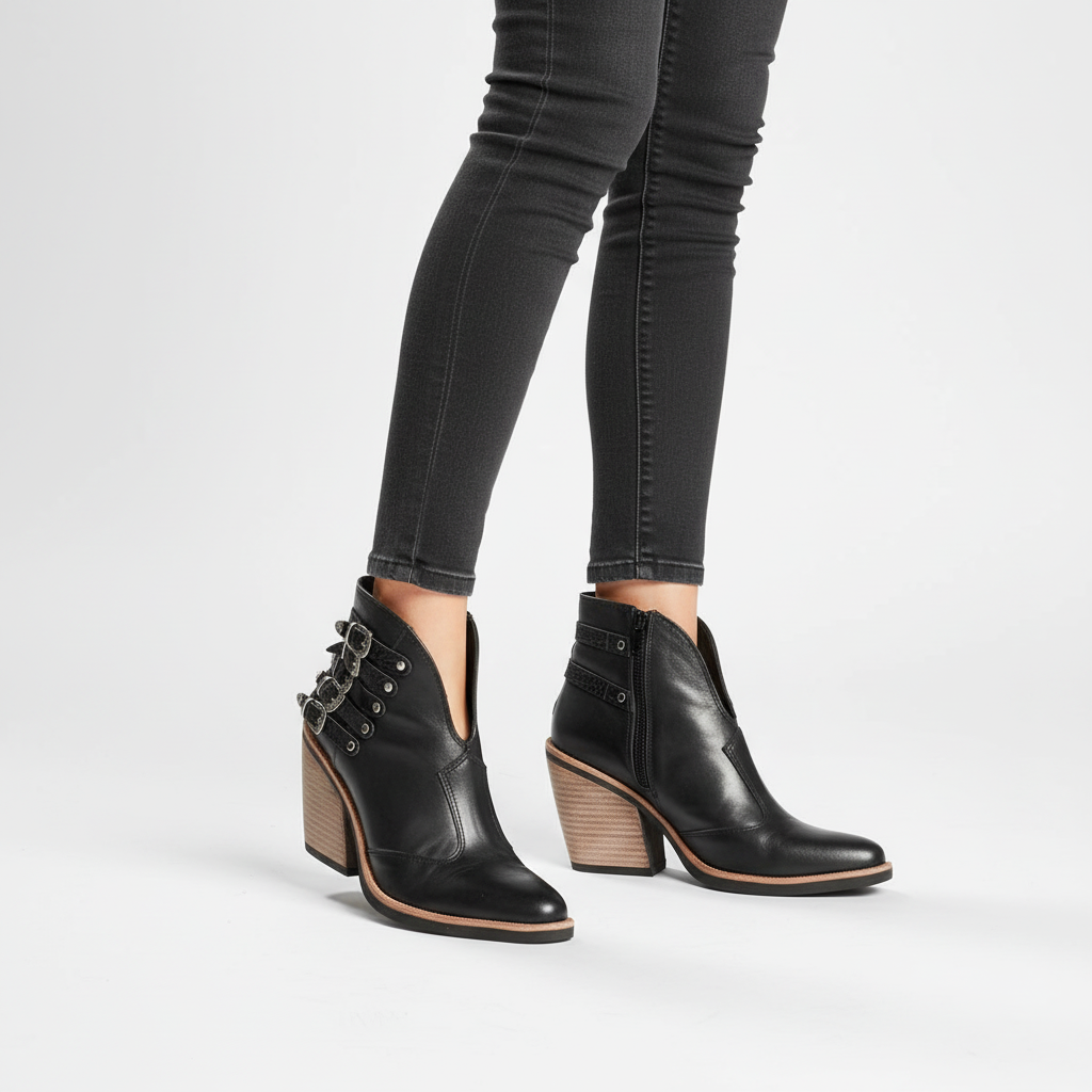 Andrea - Women's Buckle Detail Leather Ankle Boots