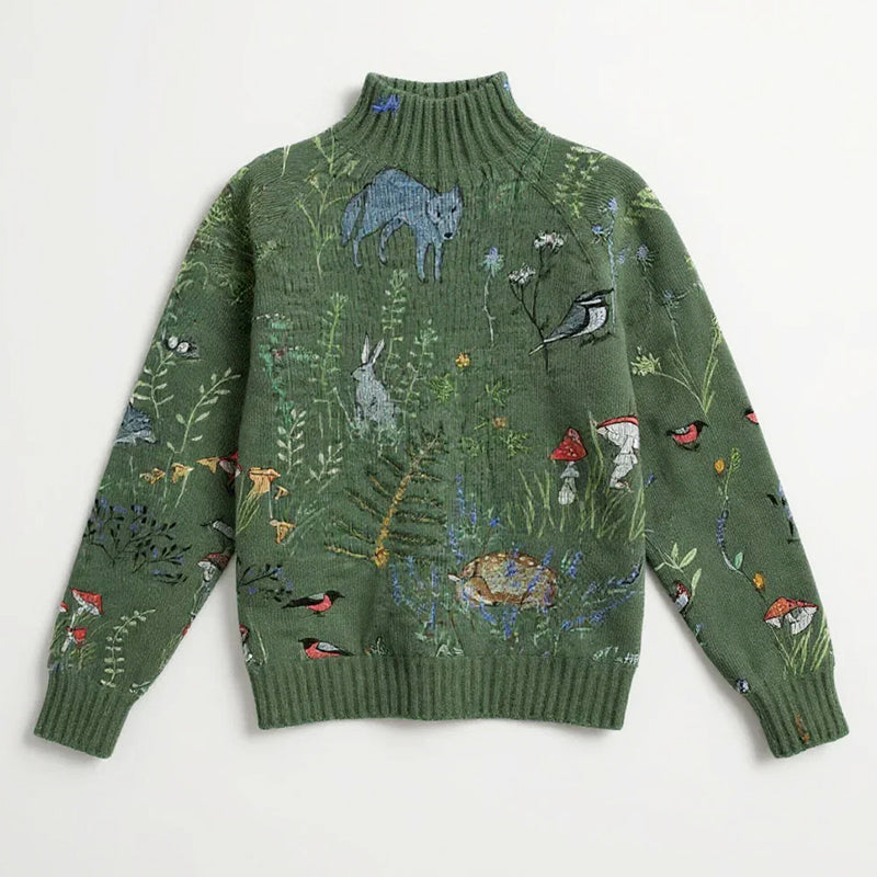 Arya - Women's Forest Graphic Knit Turtleneck Sweater