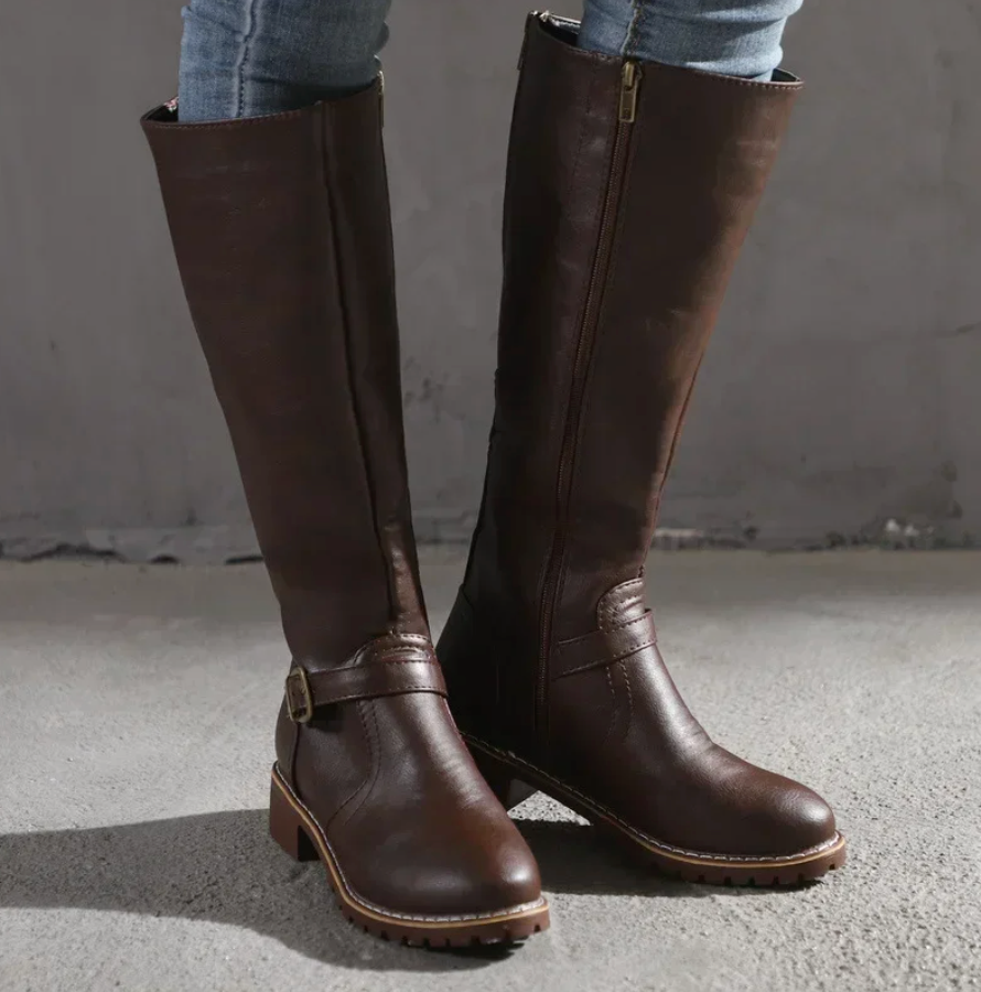 Caroline - Women's Buckled Knee-High Leather Boots