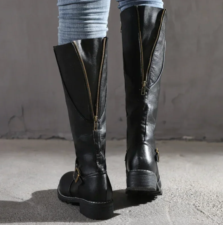 Caroline - Women's Buckled Knee-High Leather Boots