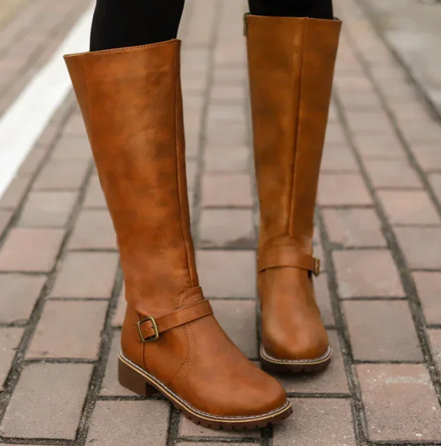 Caroline - Women's Buckled Knee-High Leather Boots