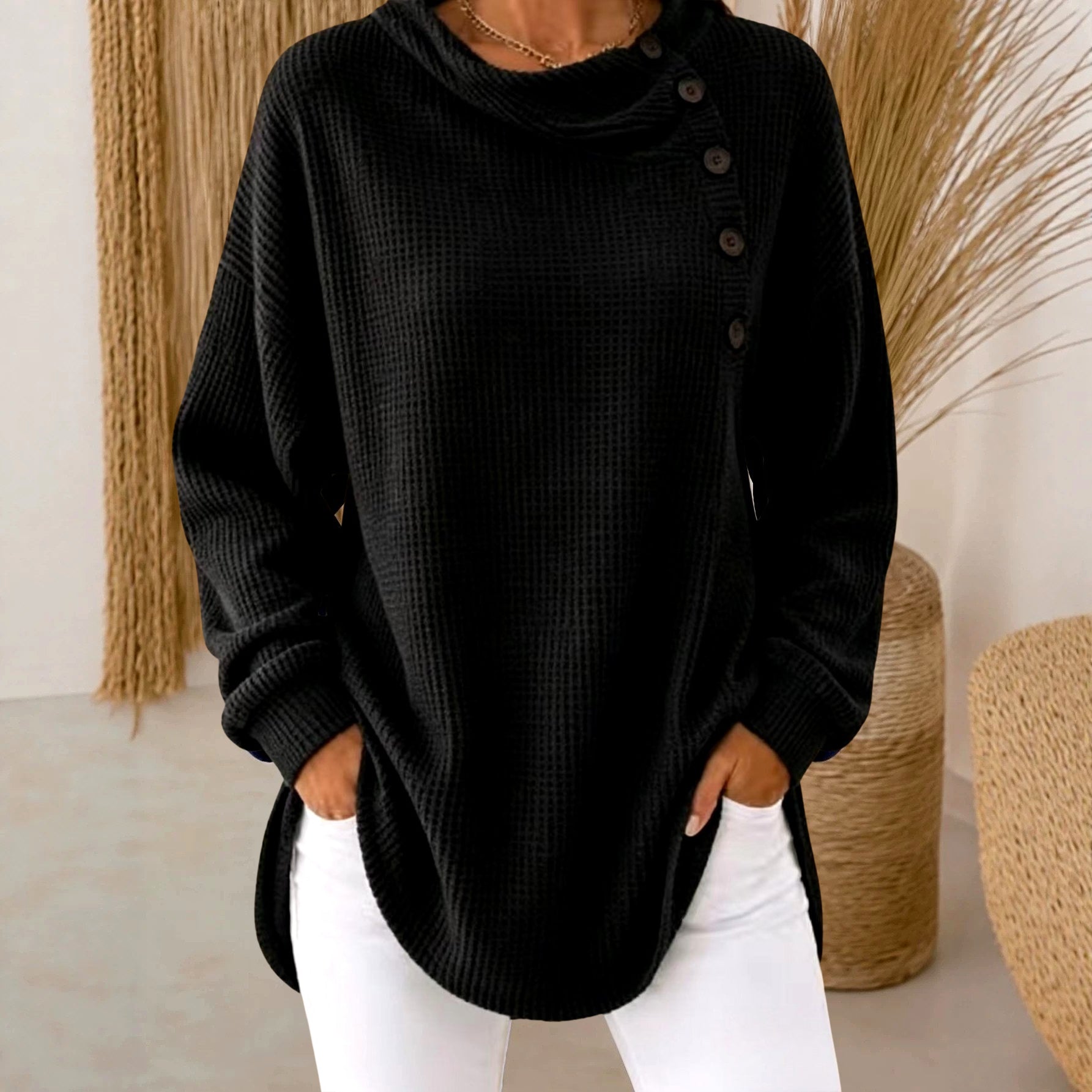 Cecelia - Women's Waffle Cowl Neck Relaxed Sweater
