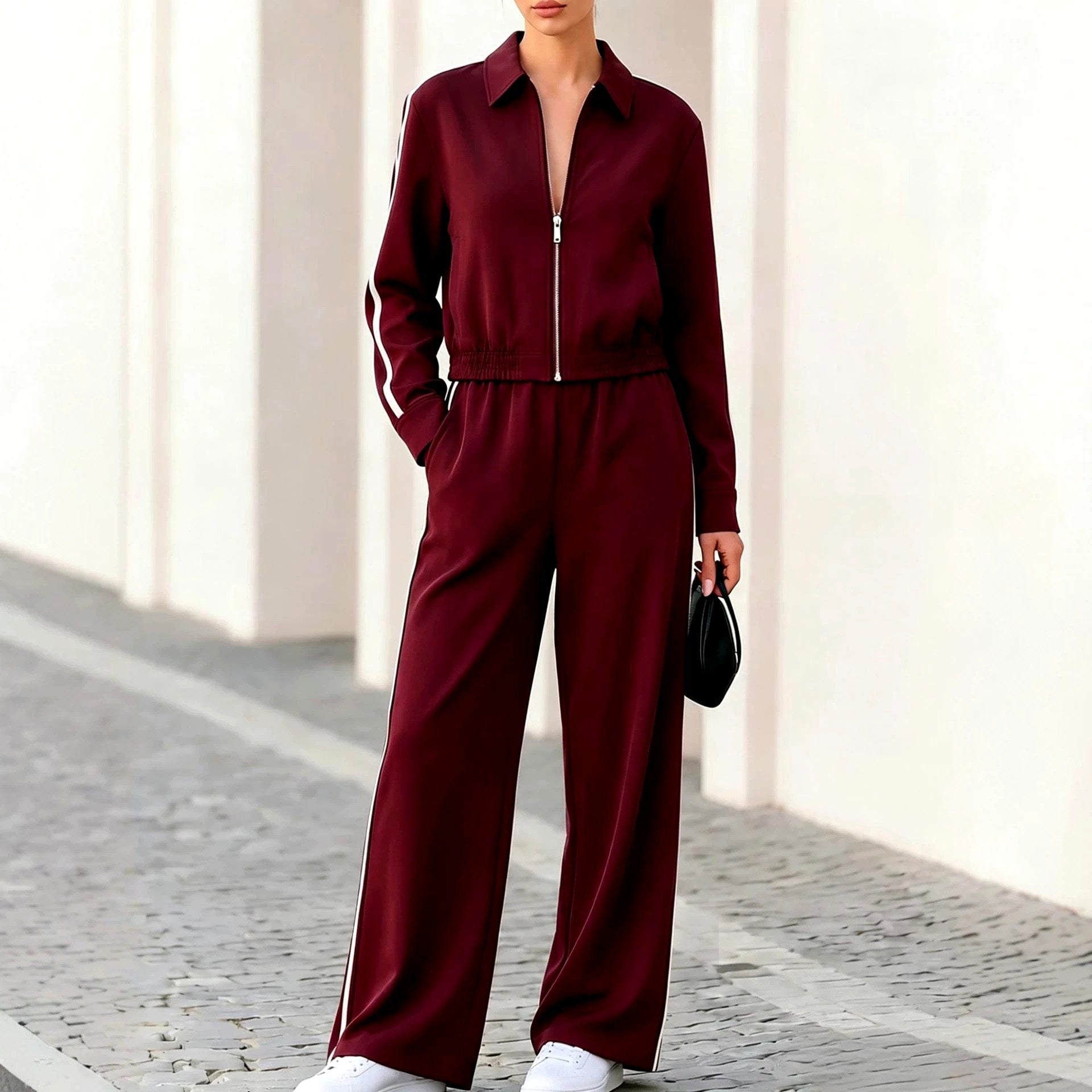 Claudette - Women's Striped Collared Wide Leg Matching Set