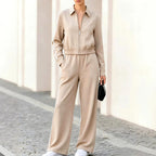 Claudette - Women's Striped Collared Wide Leg Matching Set