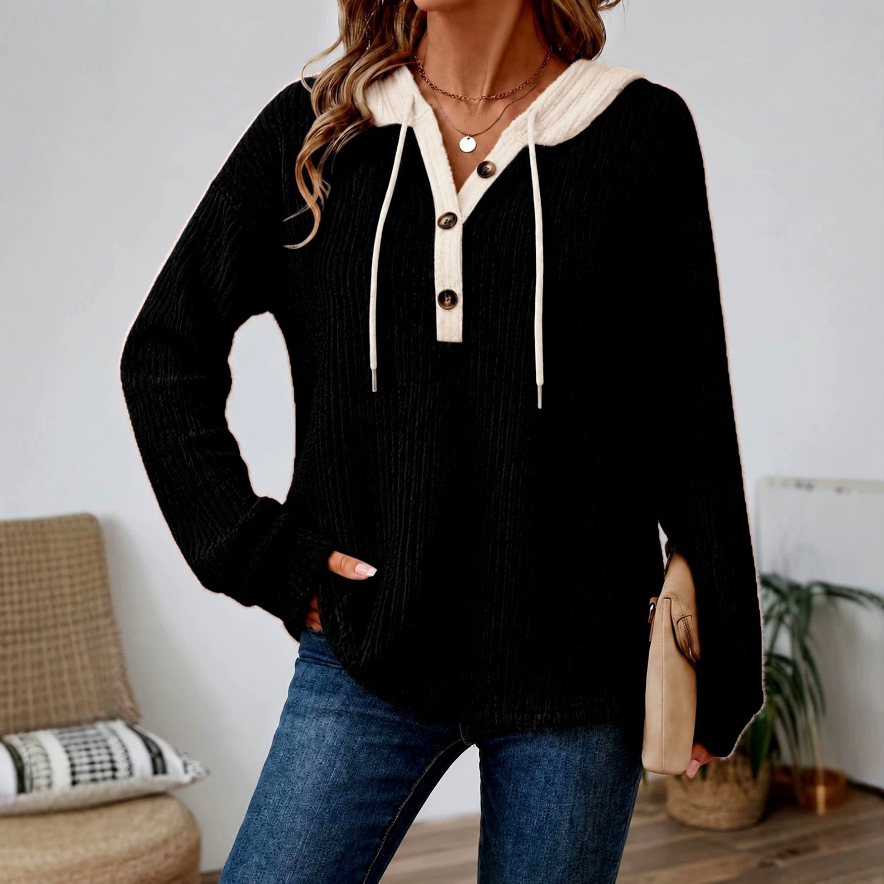 Clementine - Women's Ribbed V-Neck Loose Fit Zip Up Hoodie