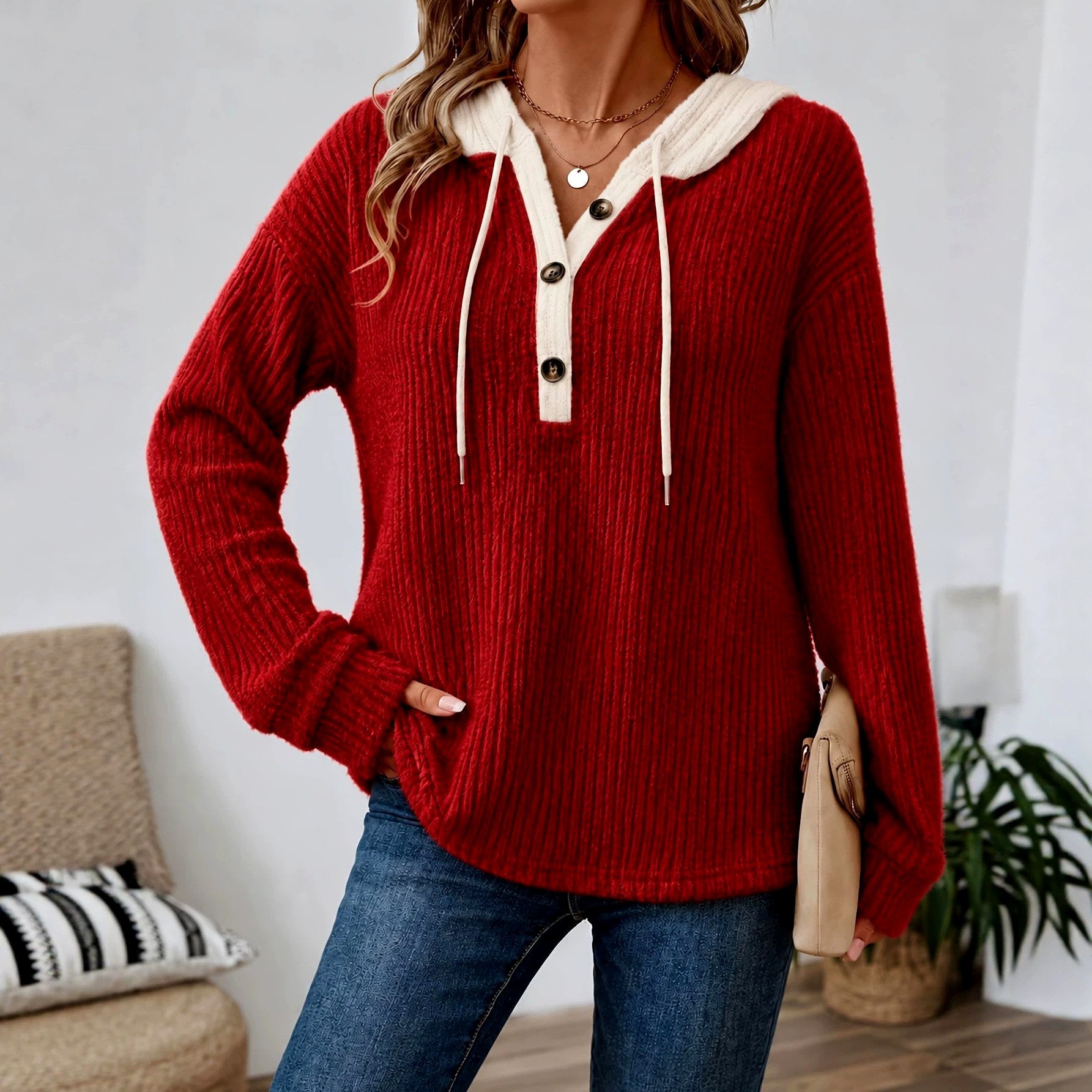Clementine - Women's Ribbed V-Neck Loose Fit Zip Up Hoodie
