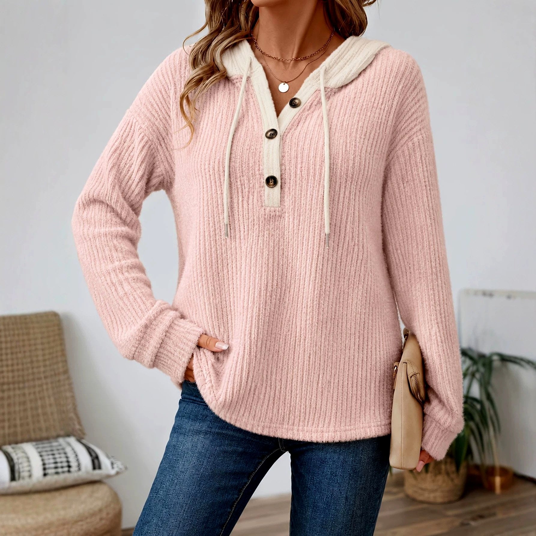 Clementine - Women's Ribbed V-Neck Loose Fit Zip Up Hoodie