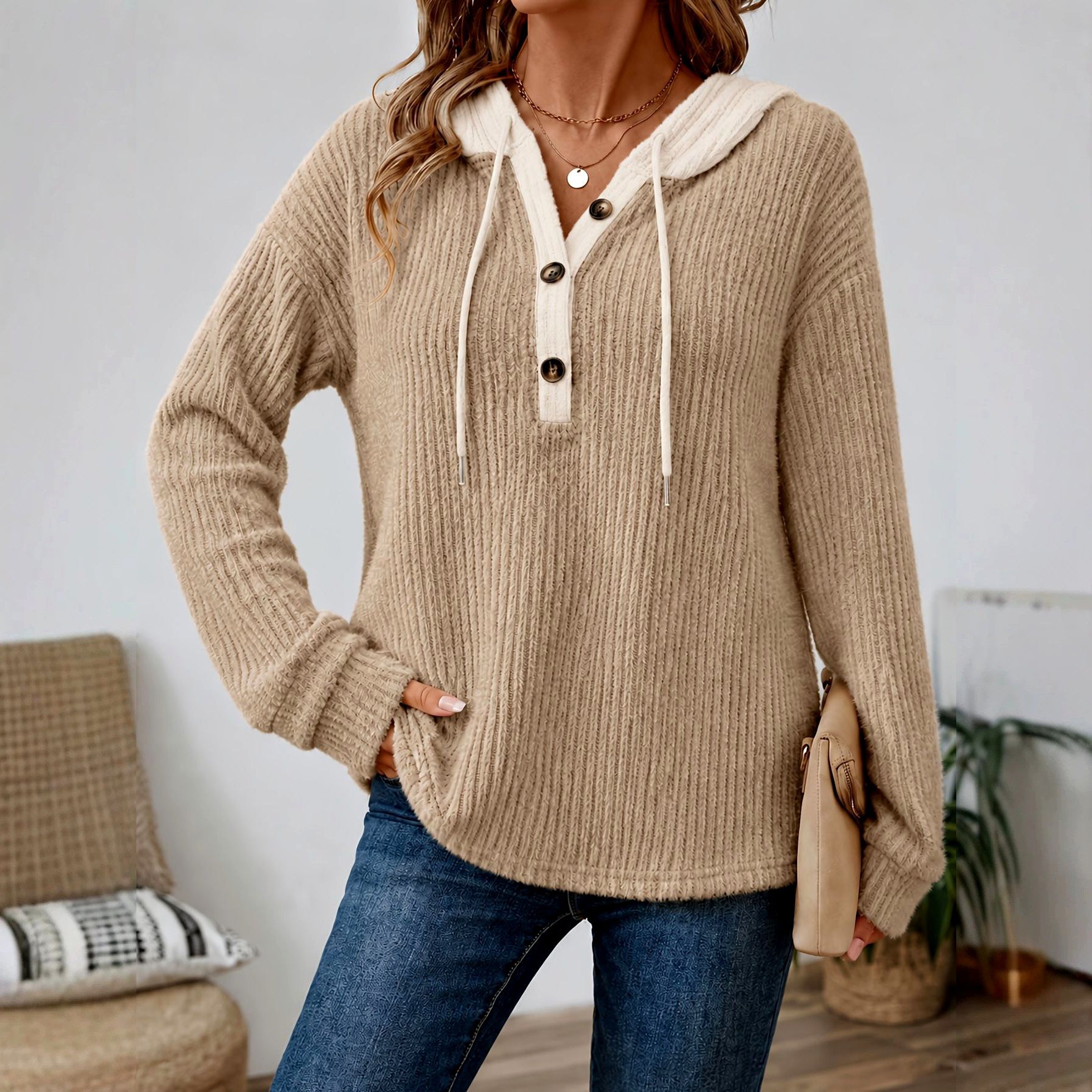 Clementine - Women's Ribbed V-Neck Loose Fit Zip Up Hoodie
