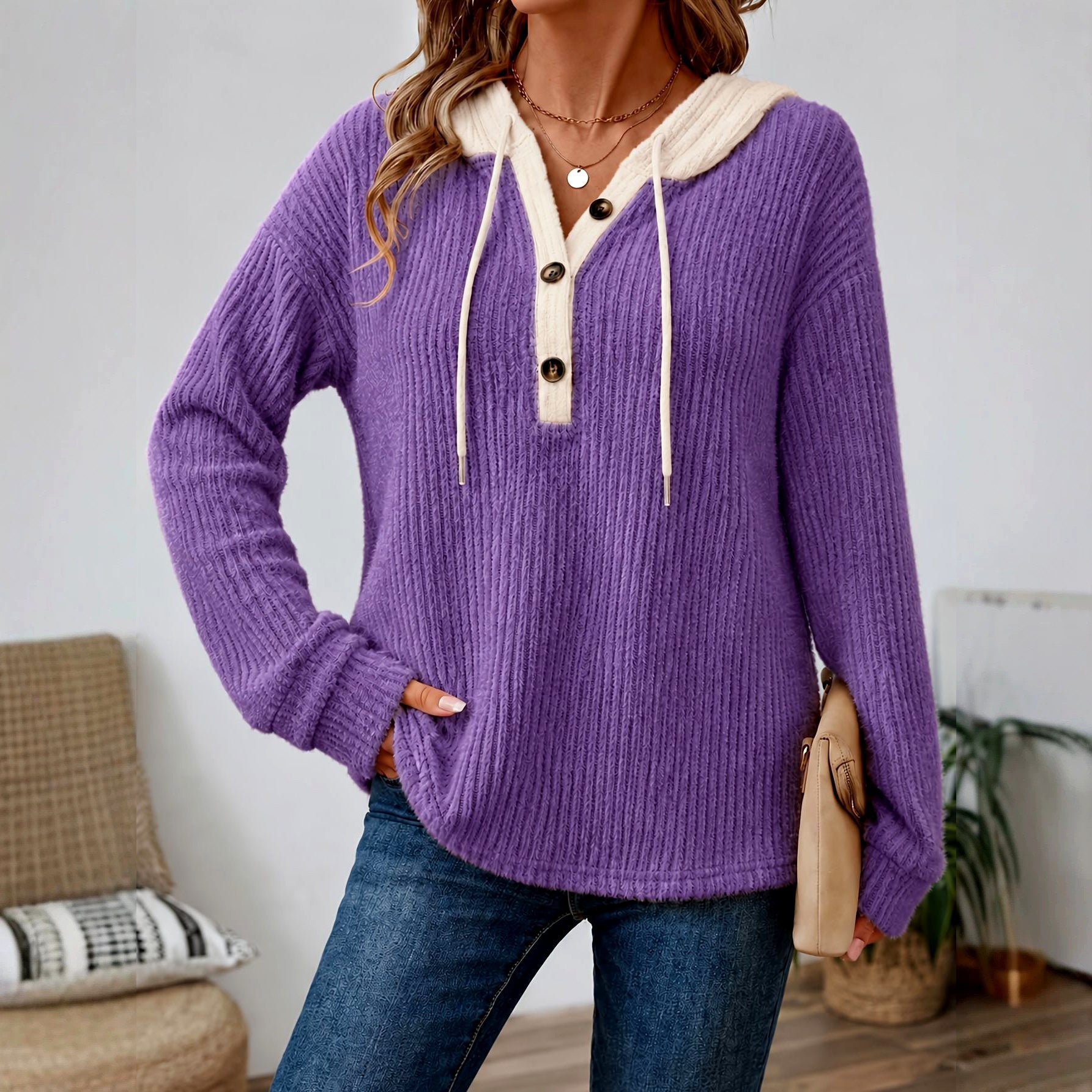 Clementine - Women's Ribbed V-Neck Loose Fit Zip Up Hoodie