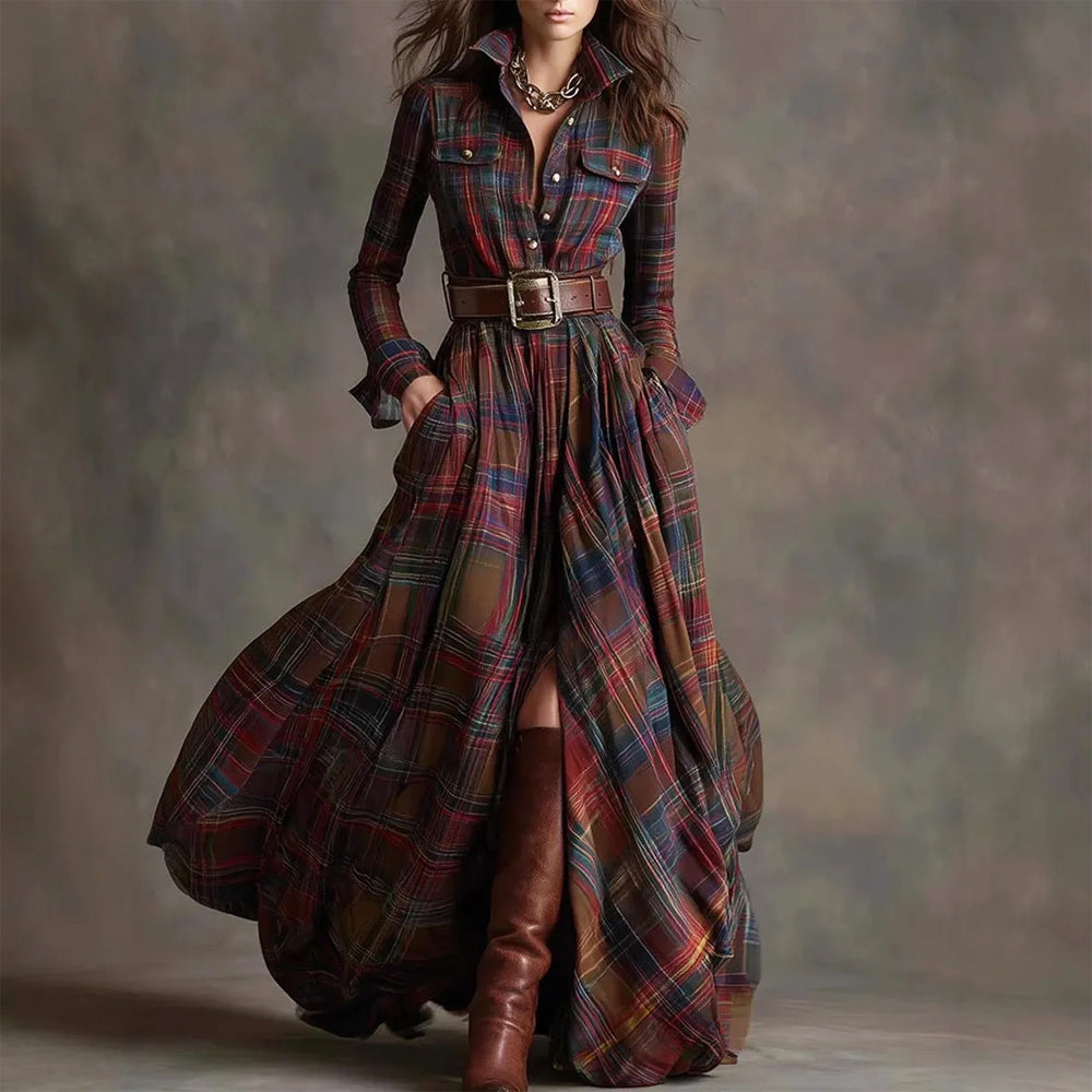 Daniela - Women's Vintage Plaid Maxi Shirt Dress