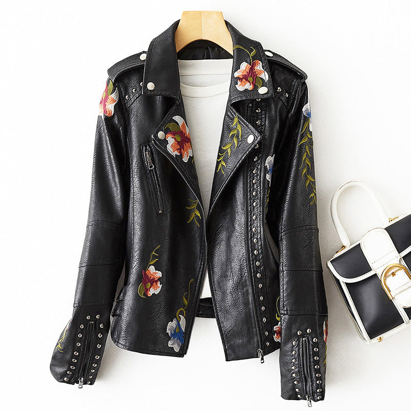 Elena - Women's Embroidered Studded Leather Jacket
