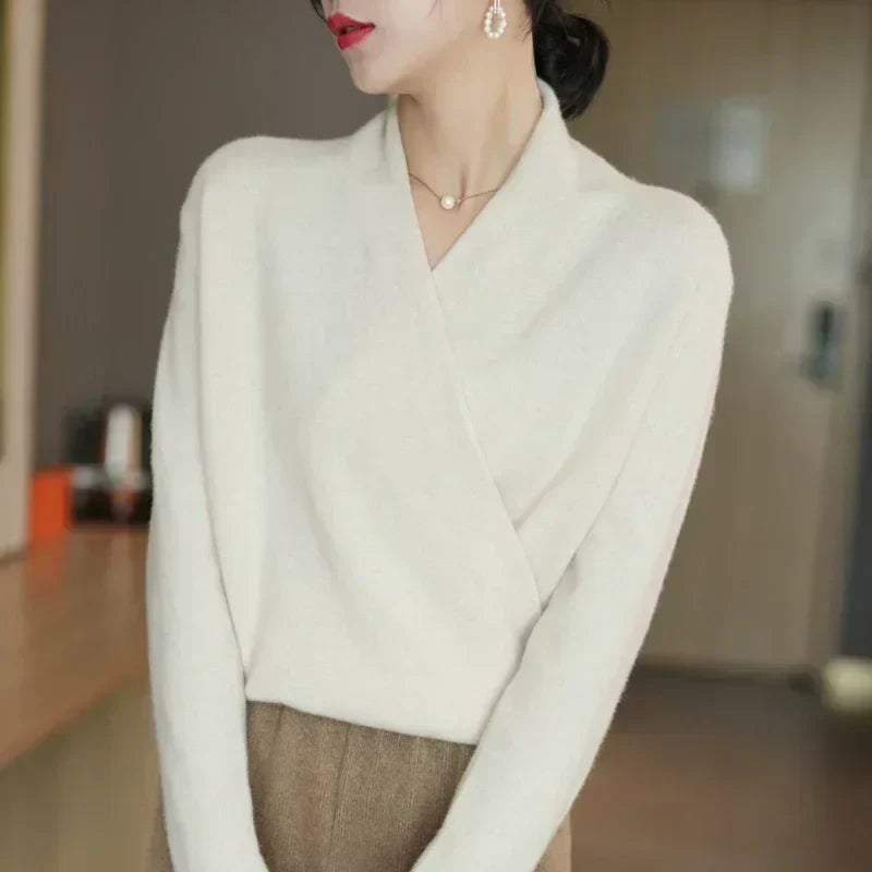 Eudora - Women's Cashmere Crossover V-Neck Knit Sweater