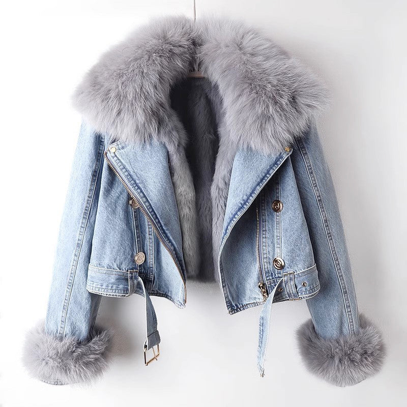 Faith - Women's Faux Fur Lined Denim Moto Jacket