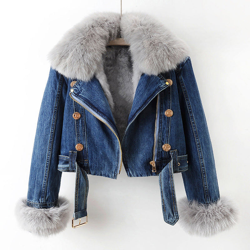 Faith - Women's Faux Fur Lined Denim Moto Jacket