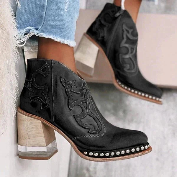 Freya - Women's Embroidered Western Ankle Boots with Studded Trim