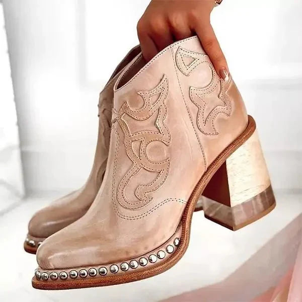 Freya - Women's Embroidered Western Ankle Boots with Studded Trim