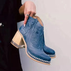 Freya - Women's Embroidered Western Ankle Boots with Studded Trim