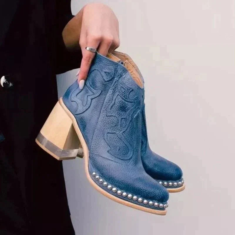 Freya - Women's Embroidered Western Ankle Boots with Studded Trim