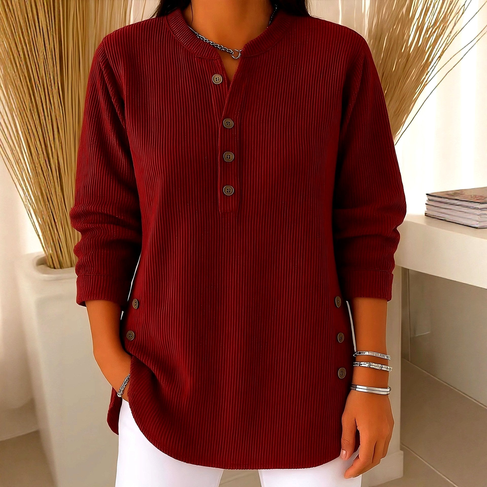 Geneva - Women's Corduroy V-Neck Loose Fit Long Sleeve Top