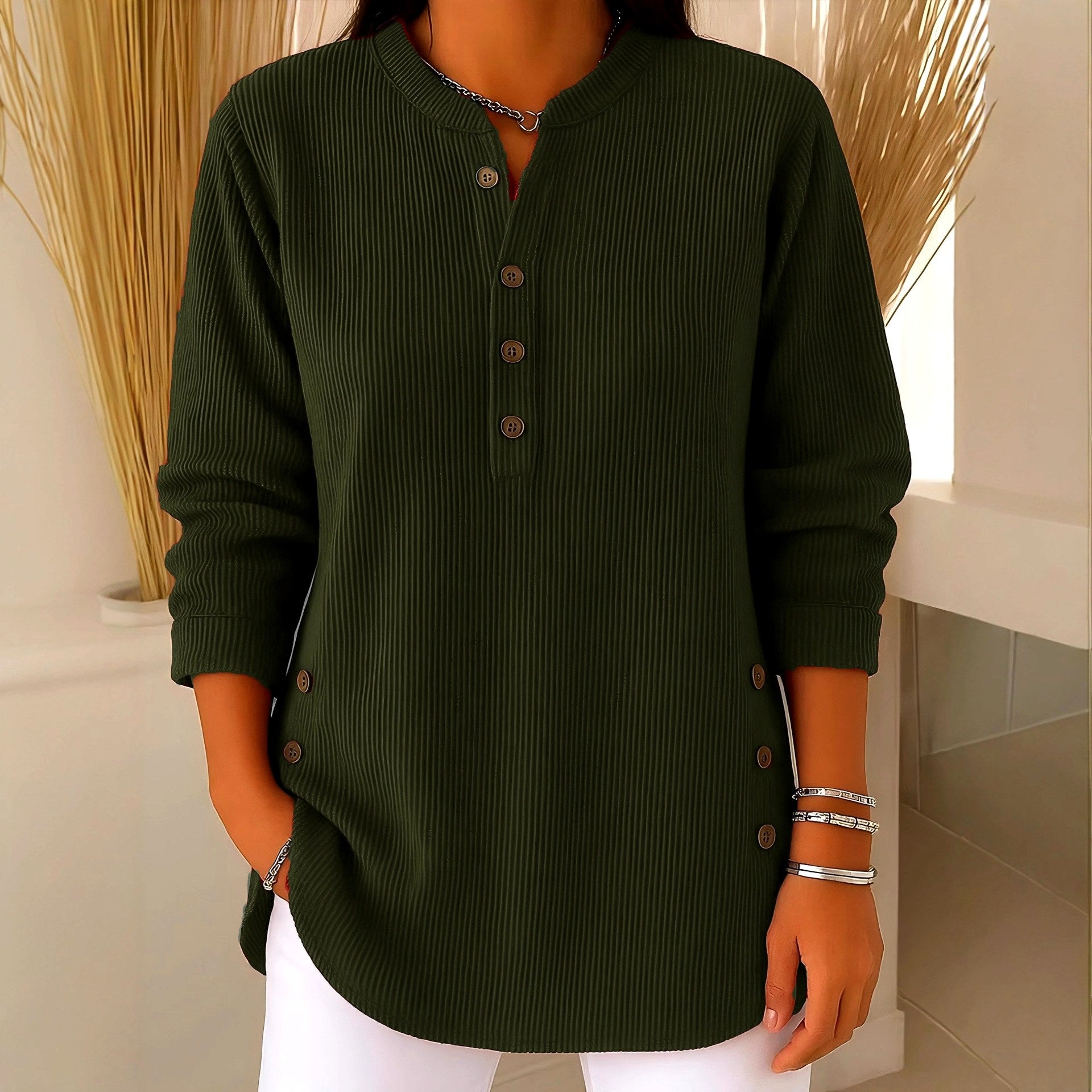 Geneva - Women's Corduroy V-Neck Loose Fit Long Sleeve Top