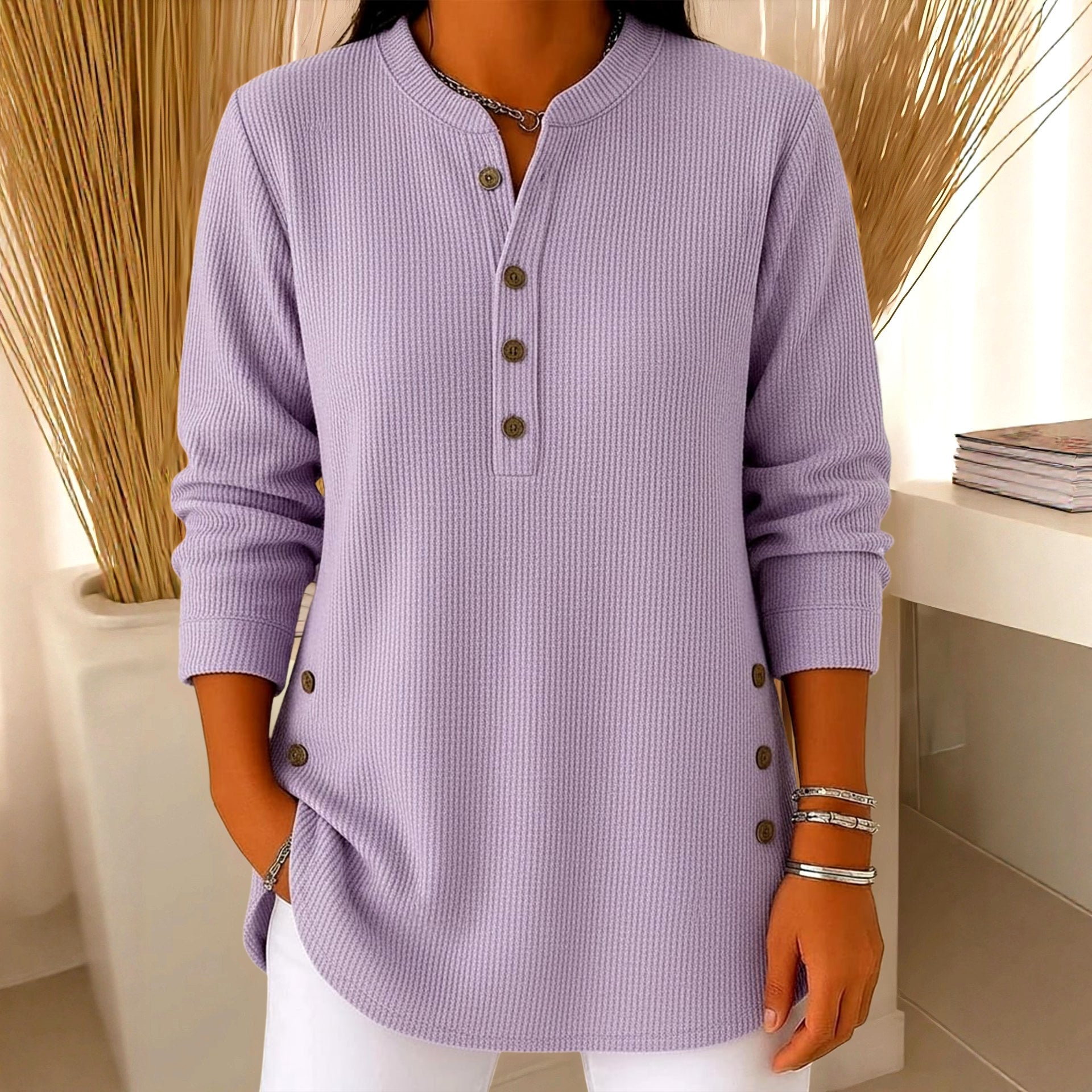 Geneva - Women's Corduroy V-Neck Loose Fit Long Sleeve Top