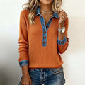 Glyzel - Women's Ribbed Knit Top with Denim Collar