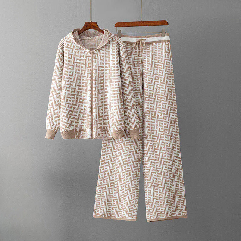 Heart - Women's Geometric Knit Hoodie & Wide Leg Pants Set