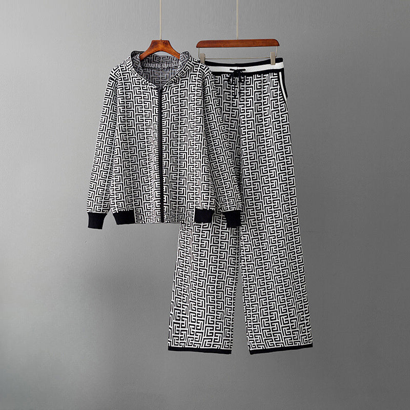 Heart - Women's Geometric Knit Hoodie & Wide Leg Pants Set