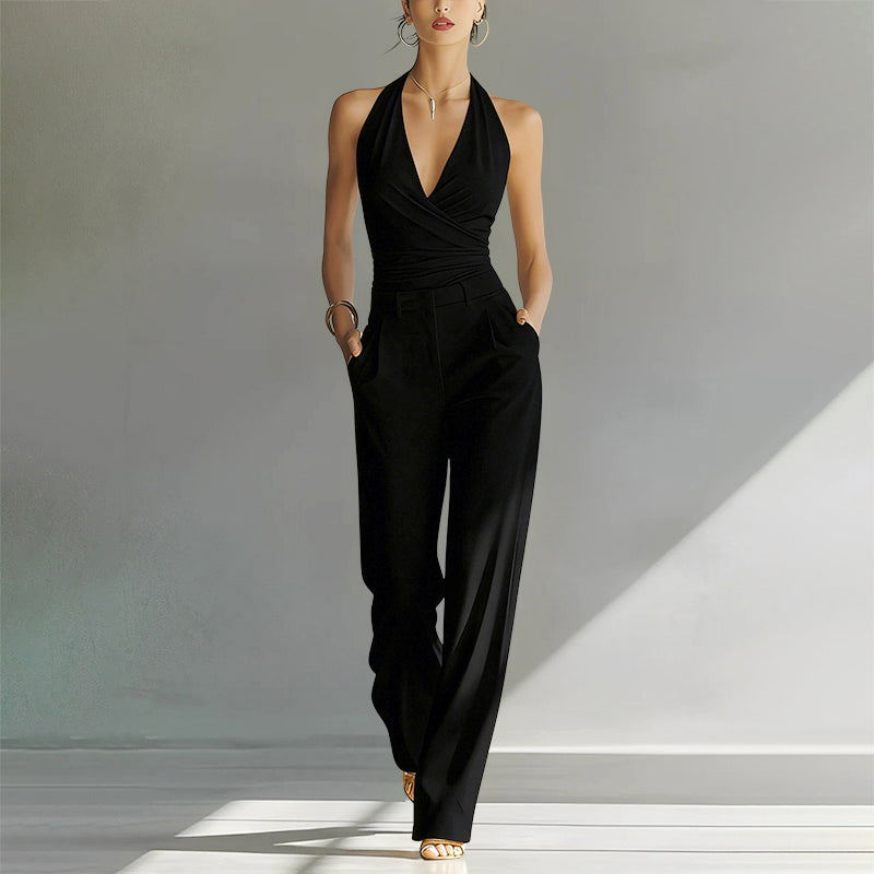 Helena - Women's Wrap Halter Wide-Leg Jumpsuit