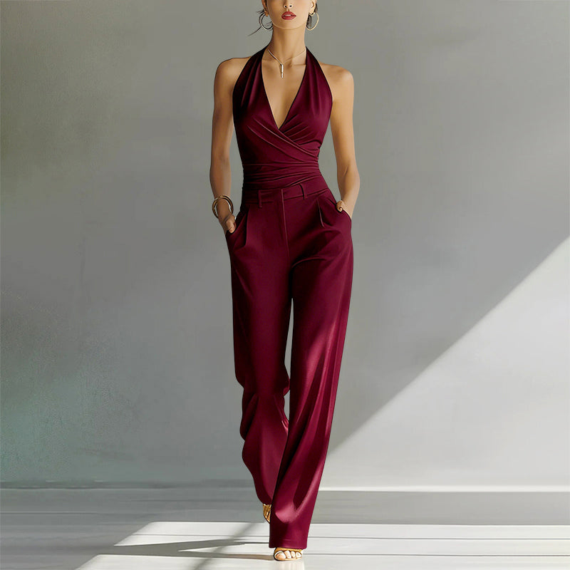 Helena - Women's Wrap Halter Wide-Leg Jumpsuit