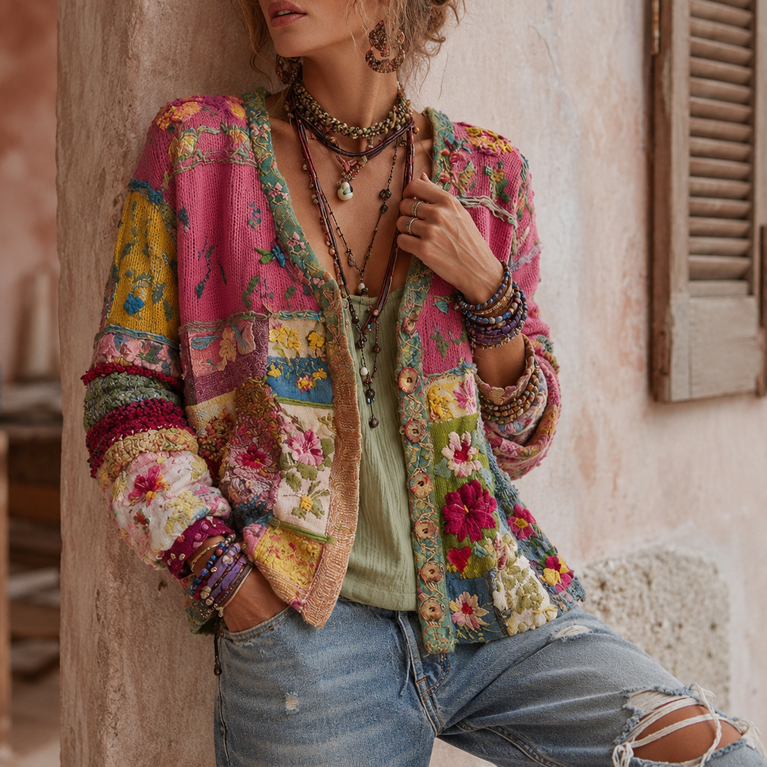 Isabella - Women's Patchwork Floral Cardigan with Button Front