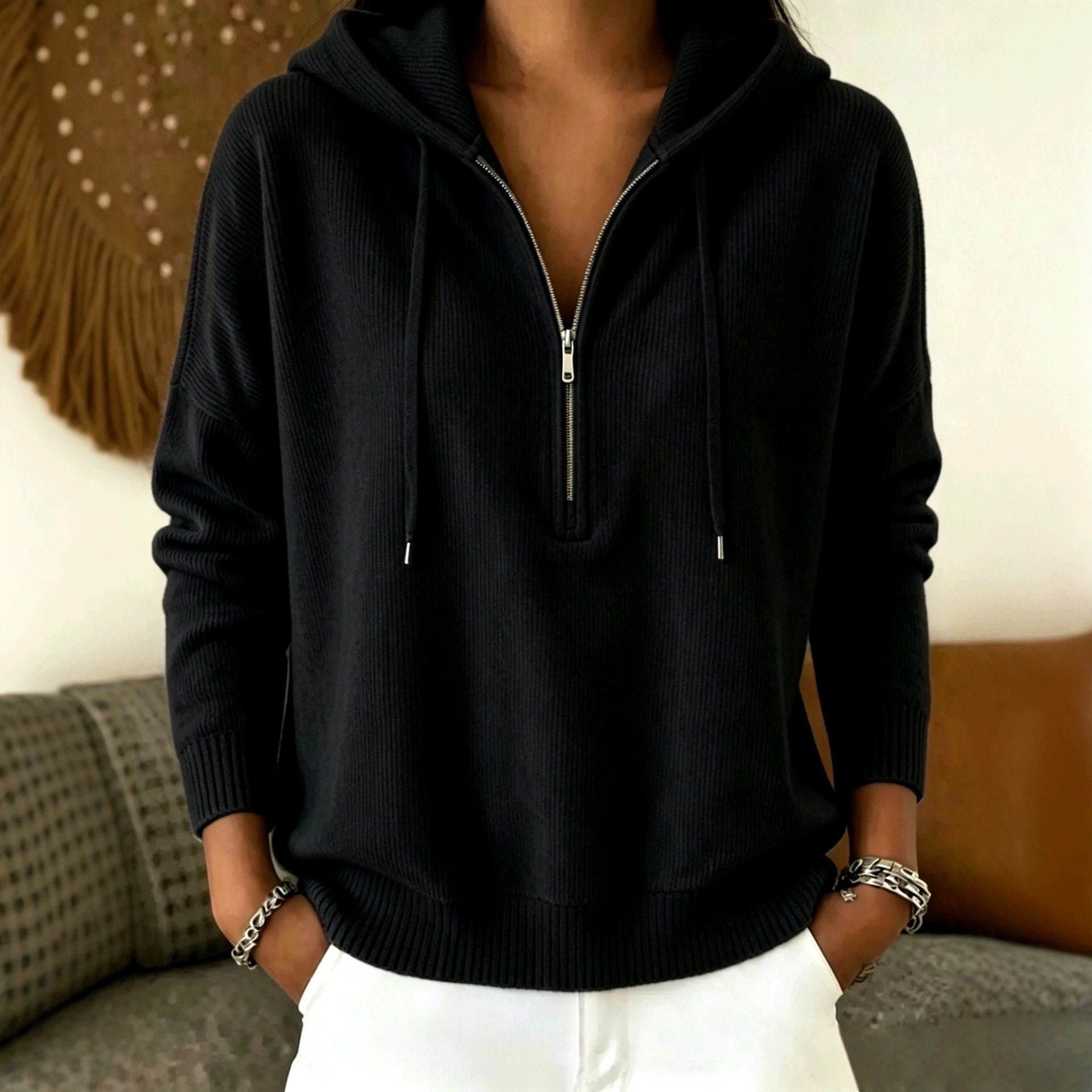 Joanna - Women's Half-Zip Relaxed Fit Hoodie Sweater