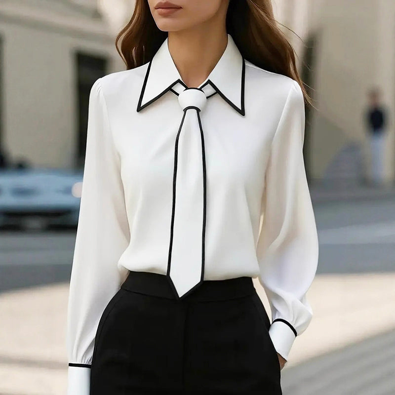 Kelly - Women's Contrast Trim Tie Neck Blouse