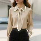 Kelly - Women's Contrast Trim Tie Neck Blouse