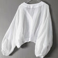 Kira - Women's Cropped Button-Front Balloon Sleeve Blouse