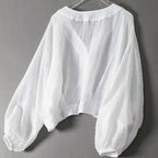 Kira - Women's Cropped Button-Front Balloon Sleeve Blouse
