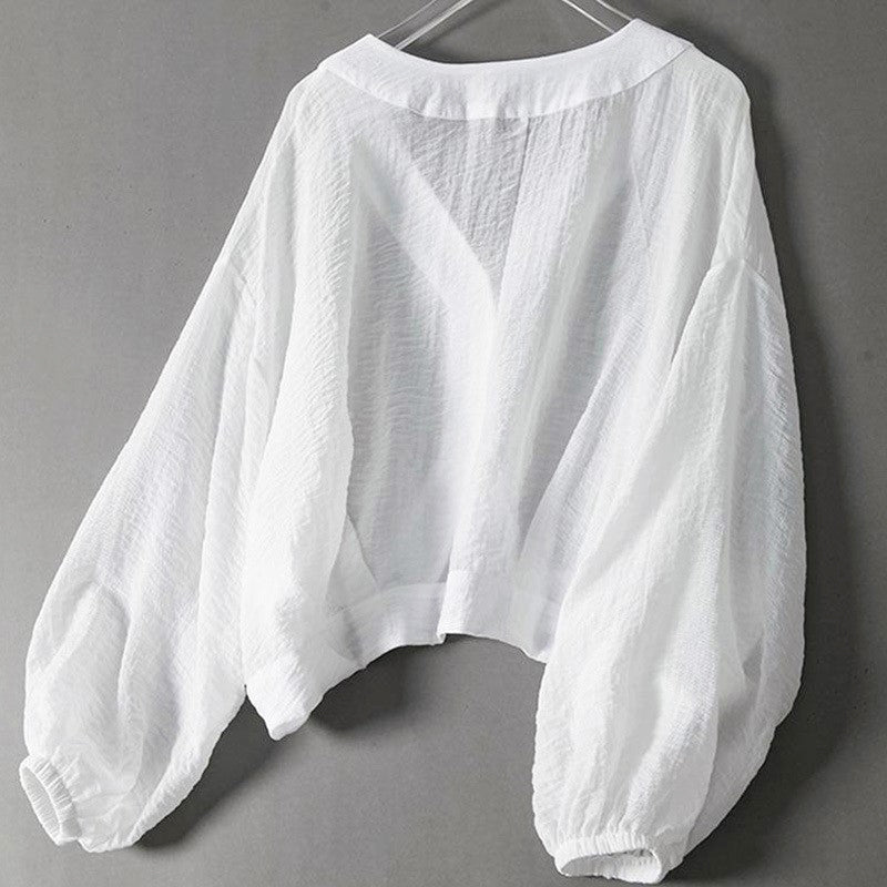Kira - Women's Cropped Button-Front Balloon Sleeve Blouse