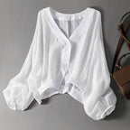 Kira - Women's Cropped Button-Front Balloon Sleeve Blouse