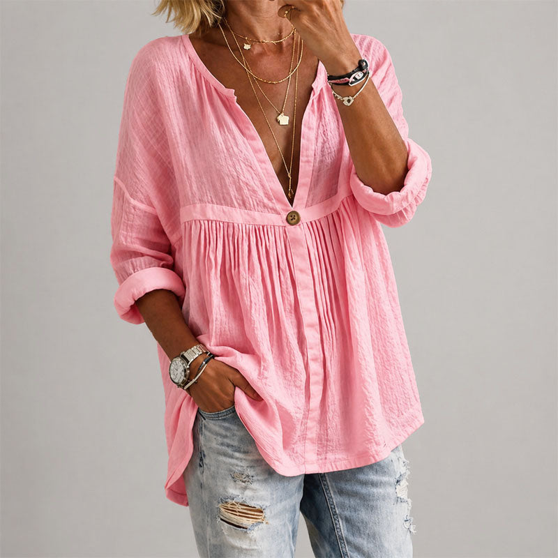 Maya - Women's Relaxed Pleated V-Neck Blouse