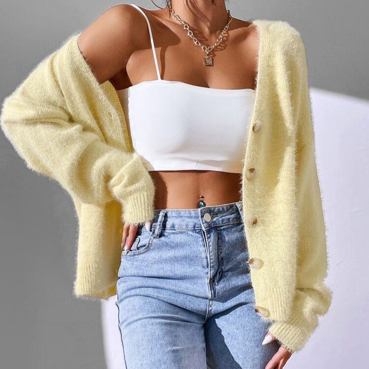 Millie - Women's Oversized V-Neck Fuzzy Knit Cardigan
