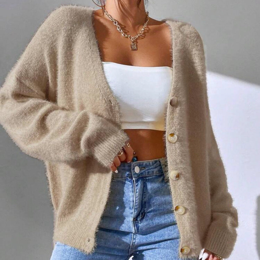 Millie - Women's Oversized V-Neck Fuzzy Knit Cardigan