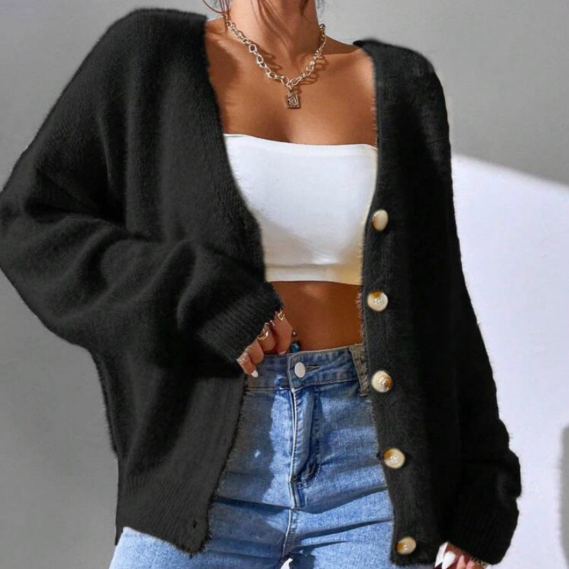 Millie - Women's Oversized V-Neck Fuzzy Knit Cardigan