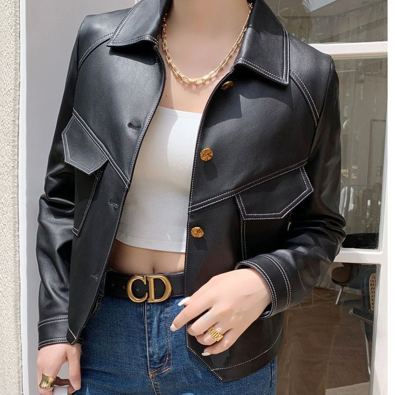 Quinn - Women's Contrast Stitch Leather Moto Jacket