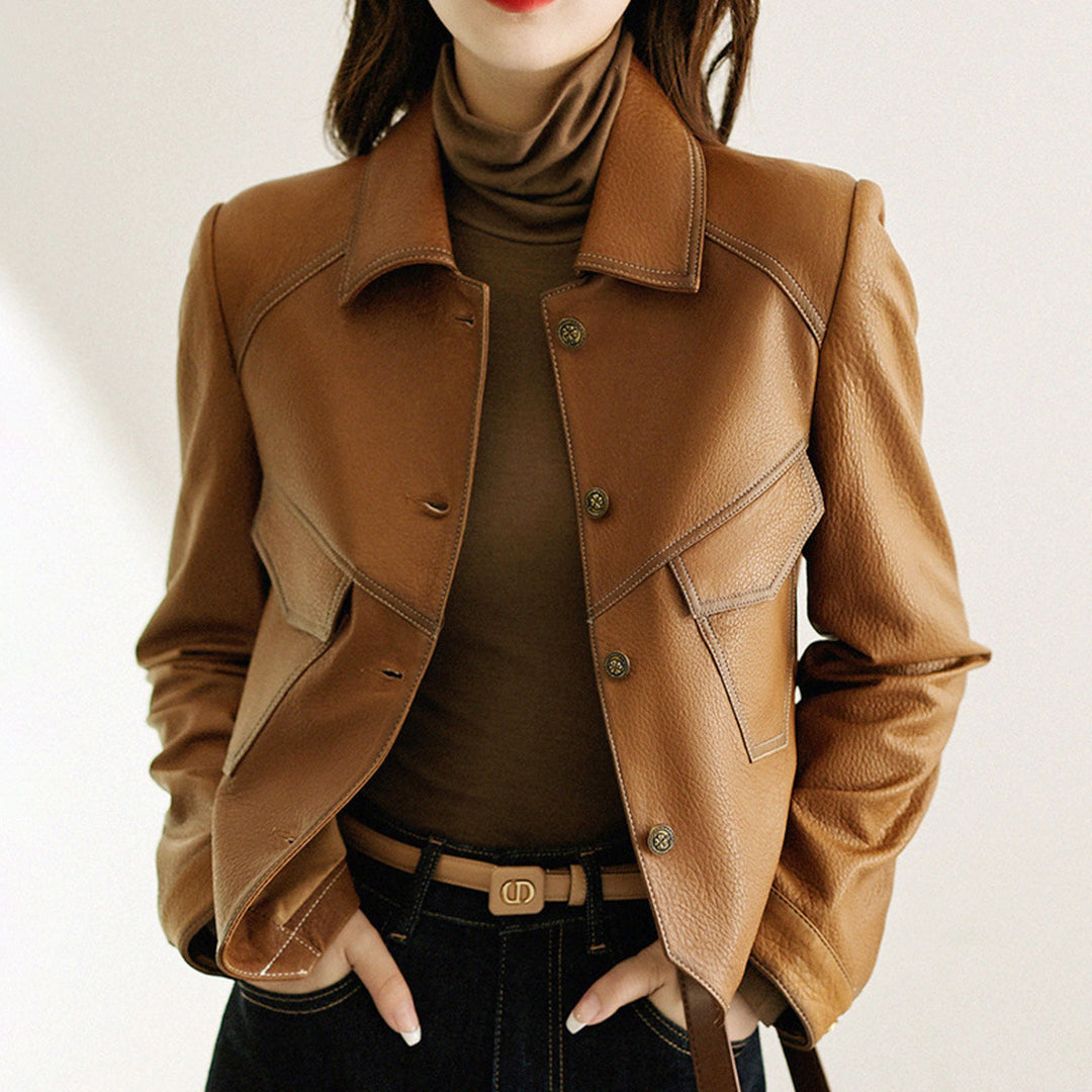 Quinn - Women's Contrast Stitch Leather Moto Jacket