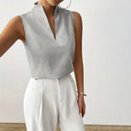 Sydney - Women's Sleeveless Pinstripe Split-Neck Blouse