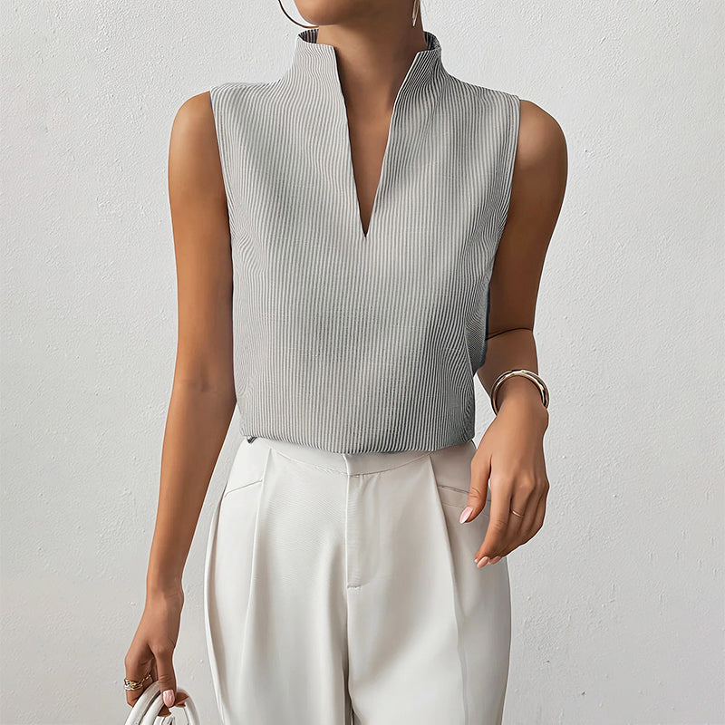 Sydney - Women's Sleeveless Pinstripe Split-Neck Blouse