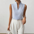 Sydney - Women's Sleeveless Pinstripe Split-Neck Blouse
