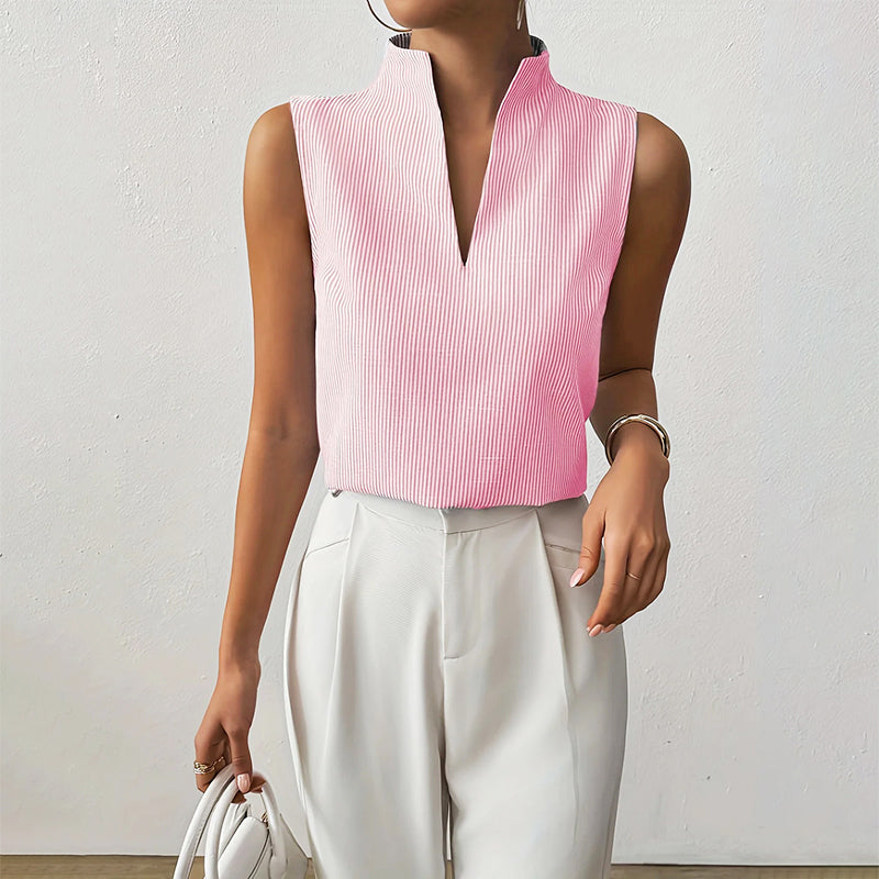 Sydney - Women's Sleeveless Pinstripe Split-Neck Blouse
