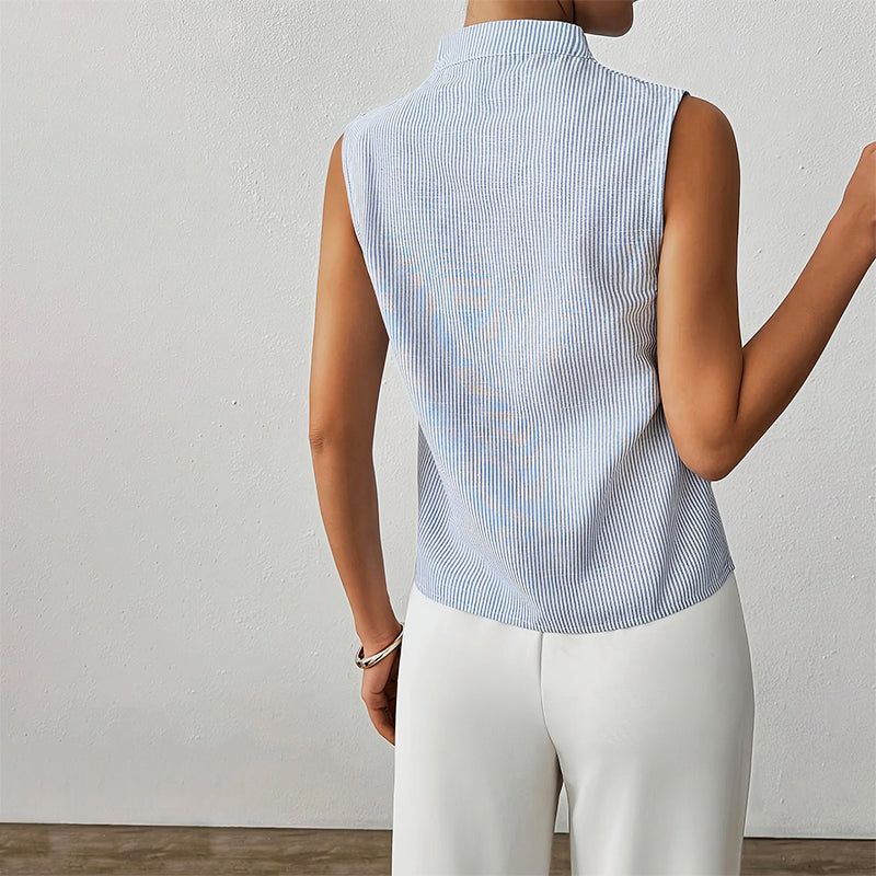 Sydney - Women's Sleeveless Pinstripe Split-Neck Blouse